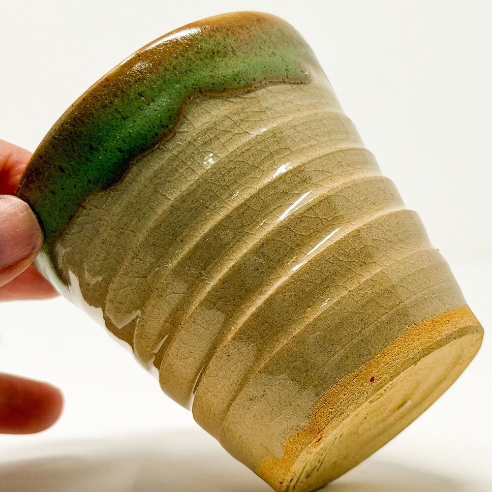 Japanese Yunomi Tea Cup Handthrown Studio Art Pottery Dark Glaze Artist Signed